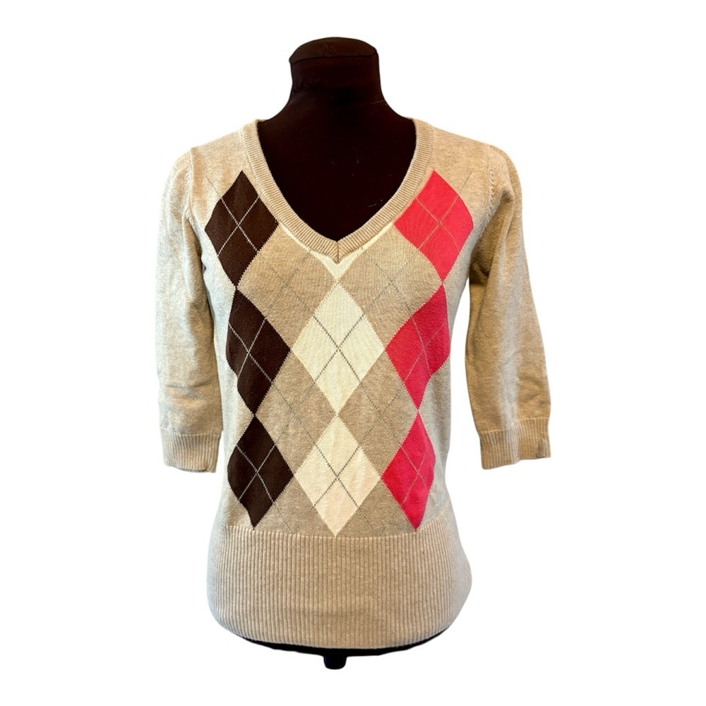 Herbench Argyle Tan V-Neck Pink Brown White Pattern Sweater Womens size Small